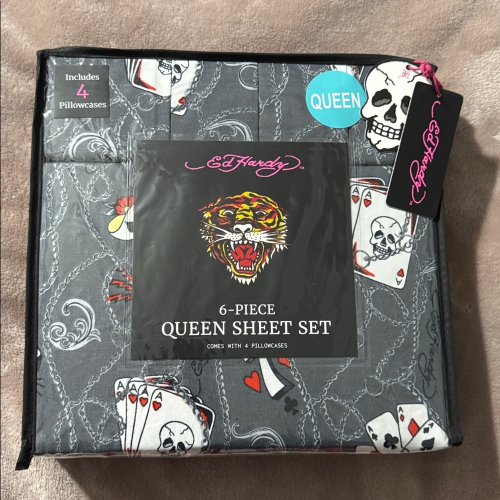 Ed Hardy 6-Piece Queen Sheet Set w/ a grey background of chains & other tattoos - Picture 1 of 10